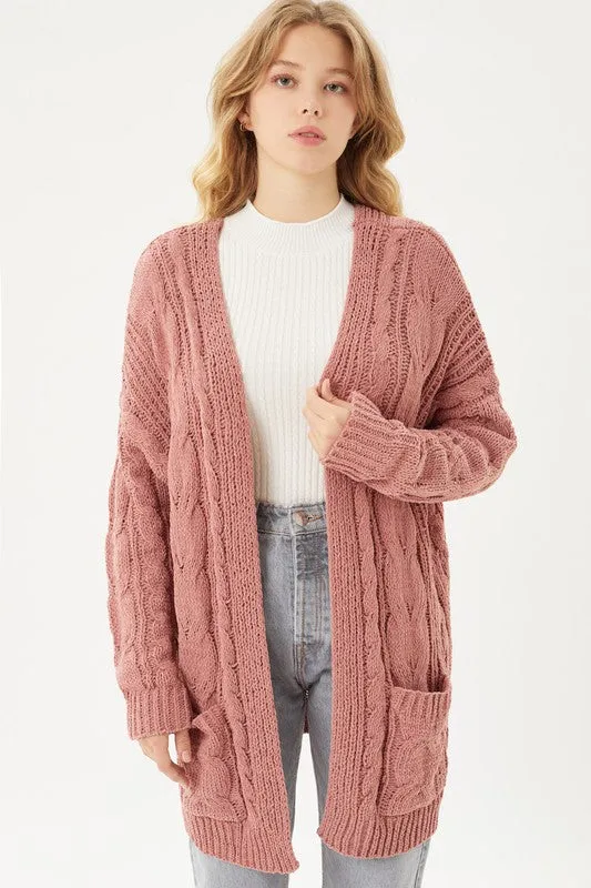 Mauve Chenille Cable Knit Oversized Open Front Cardigan