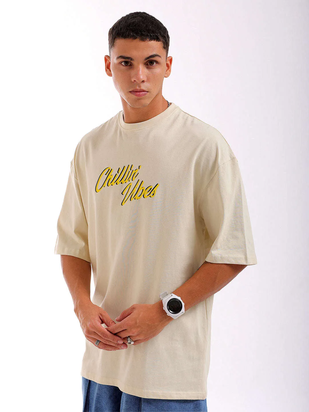 Men Beige Oversized Fit Back Printed T-Shirt