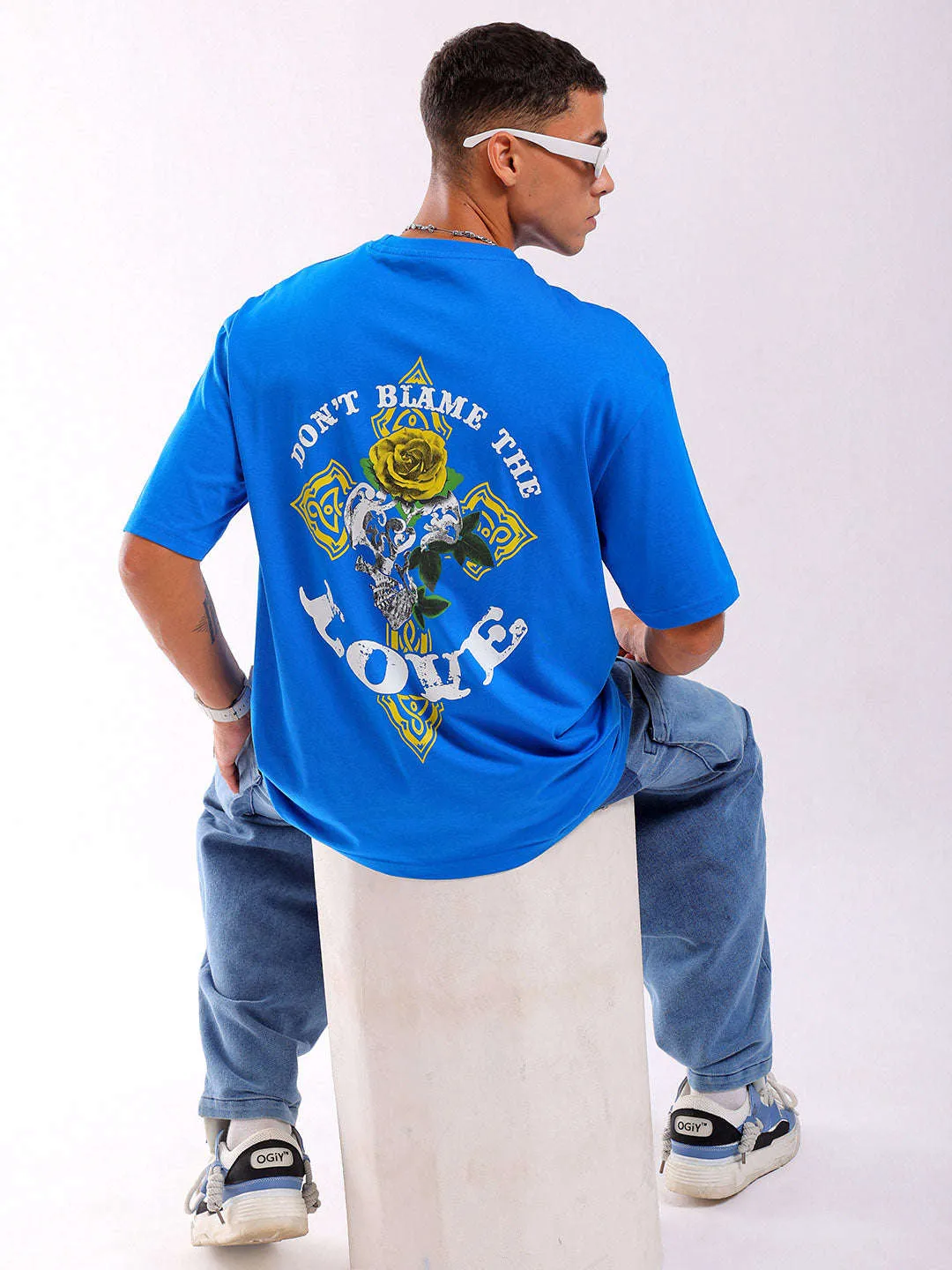 Men Blue Oversized Fit Back Printed T-Shirt