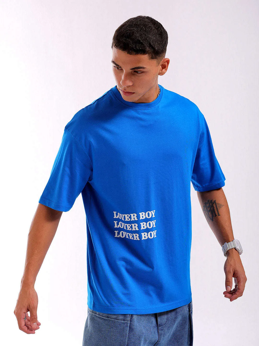 Men Blue Oversized Fit Back Printed T-Shirt