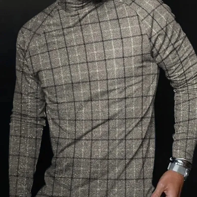 Men's Casual Turtleneck Plaid Long Sleeve T-Shirt