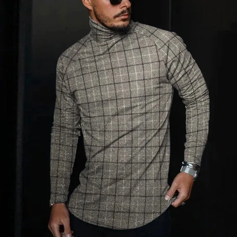 Men's Casual Turtleneck Plaid Long Sleeve T-Shirt