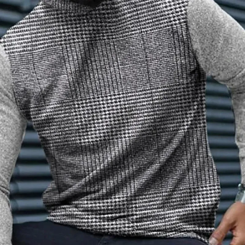 Men's Fashion Casual Plaid Turtleneck Long Sleeve T-Shirt