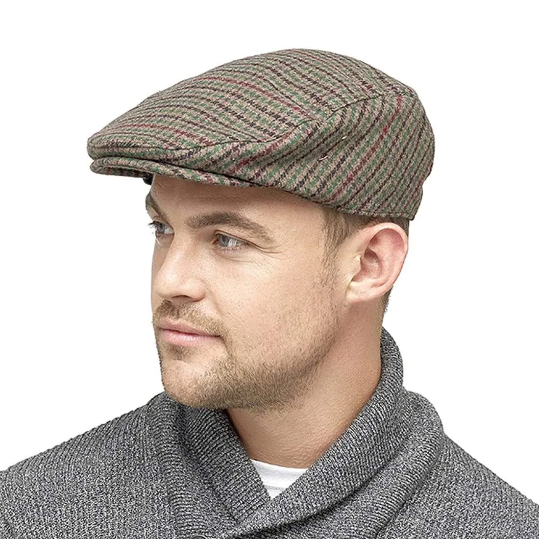 Mens Flat Cap Houndstooth Check Wool Blend Winter Hat