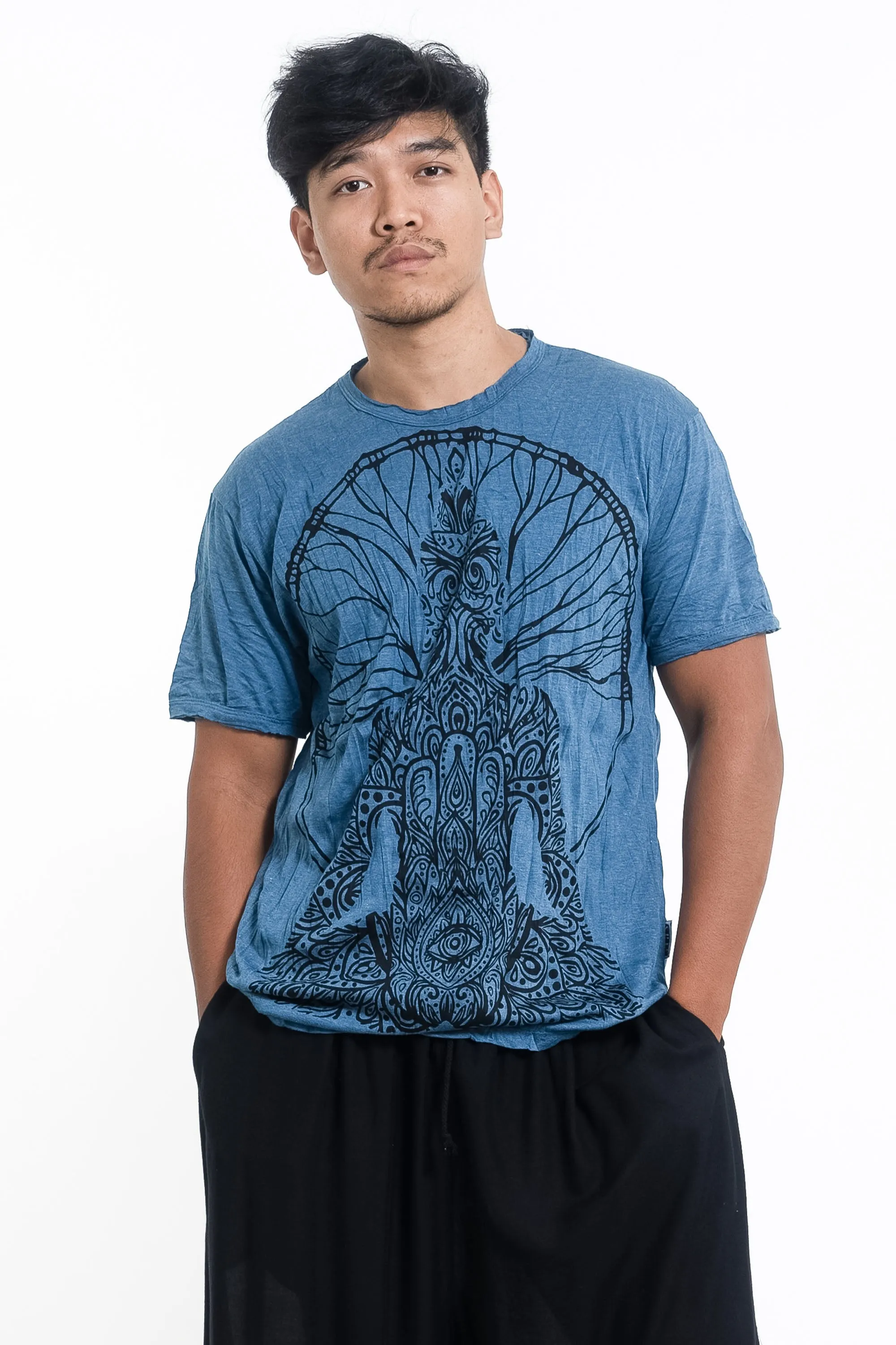 Mens Hamsa Meditation T-Shirt in Denim Blue