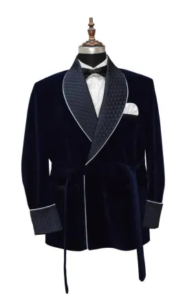 Men's Quilted Jacket Hosting Dinner Party Wear Navy Blue Velvet Jacket Blazers