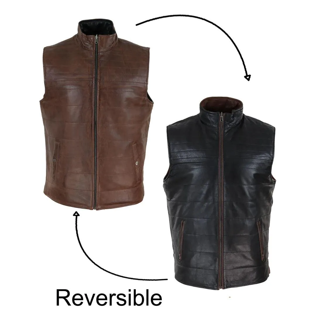 Mens Real Leather Black Brown Waistcoat Gilet Reversible Vest Smart Casual