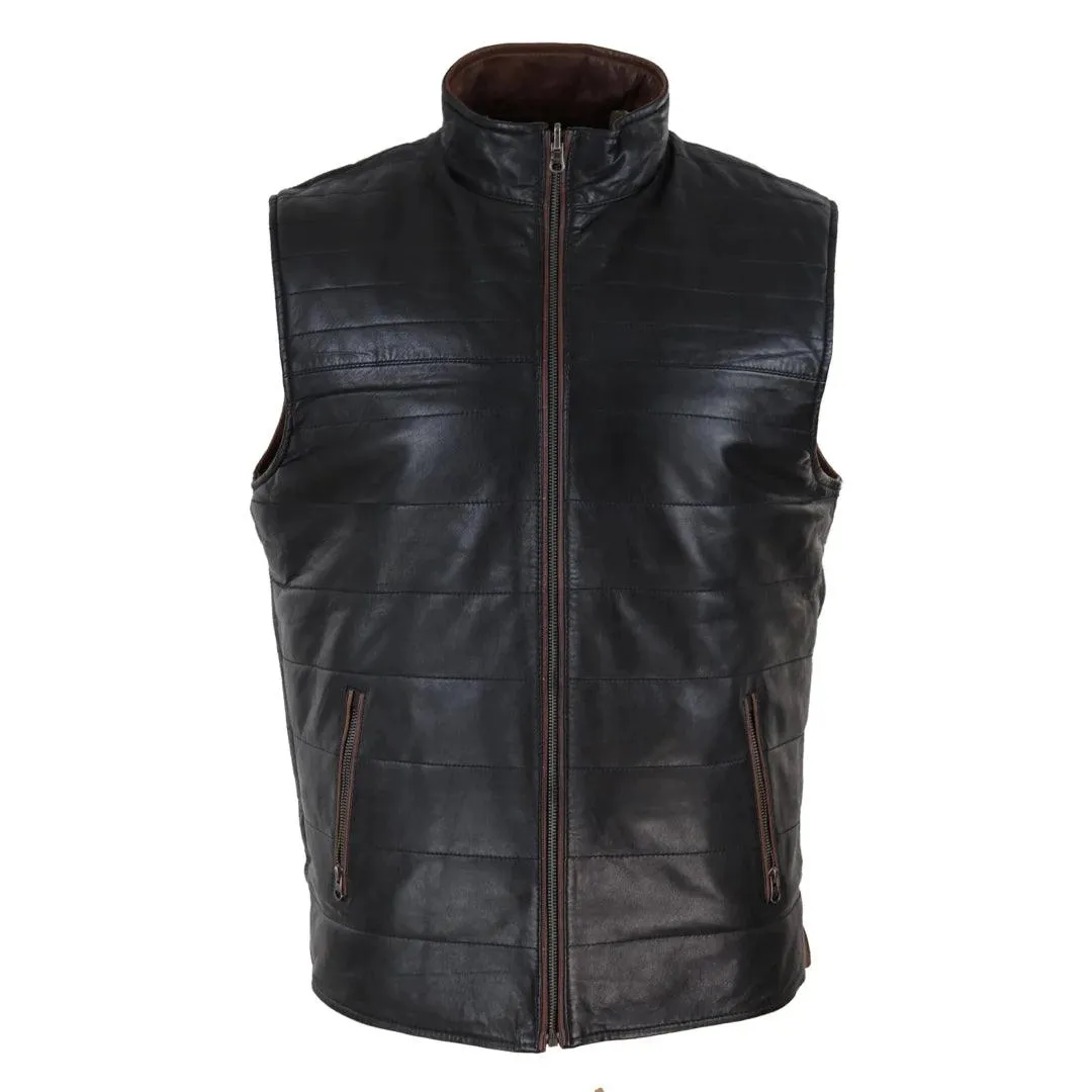 Mens Real Leather Black Brown Waistcoat Gilet Reversible Vest Smart Casual