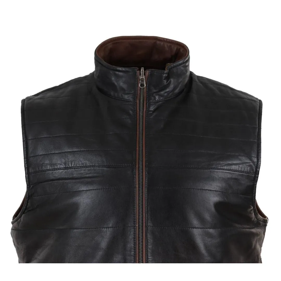 Mens Real Leather Black Brown Waistcoat Gilet Reversible Vest Smart Casual