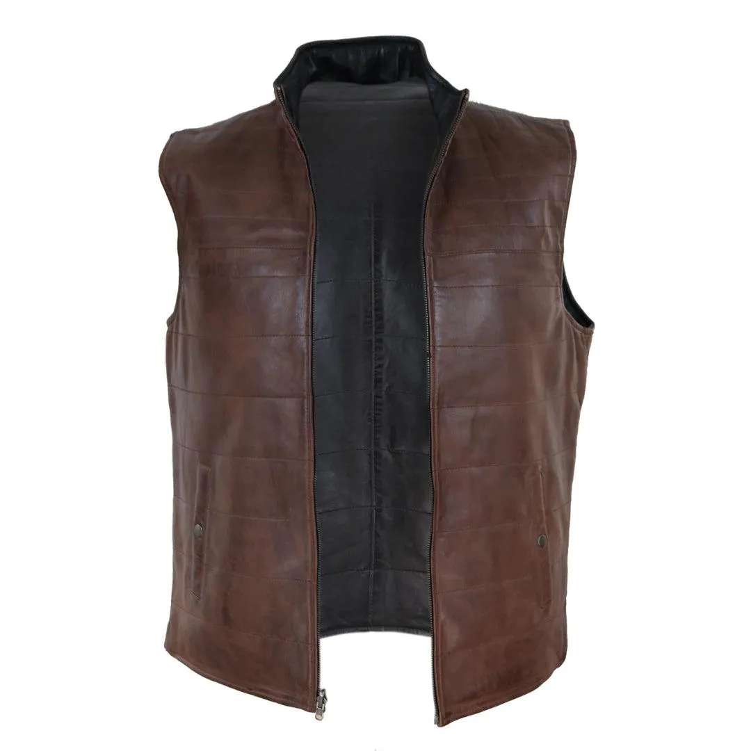 Mens Real Leather Black Brown Waistcoat Gilet Reversible Vest Smart Casual