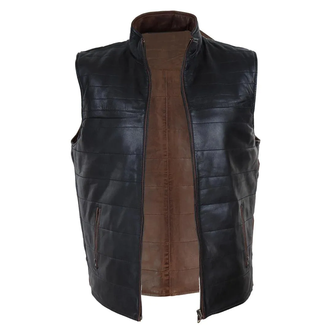 Mens Real Leather Black Brown Waistcoat Gilet Reversible Vest Smart Casual