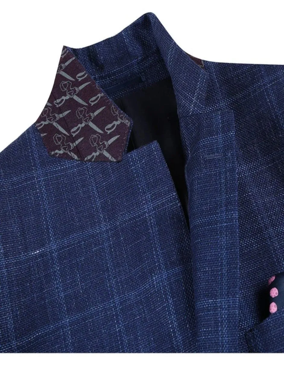 Mens Two Button Classic Fit Wool Sport Coat Navy Blue Windowpane Plaid Blazer