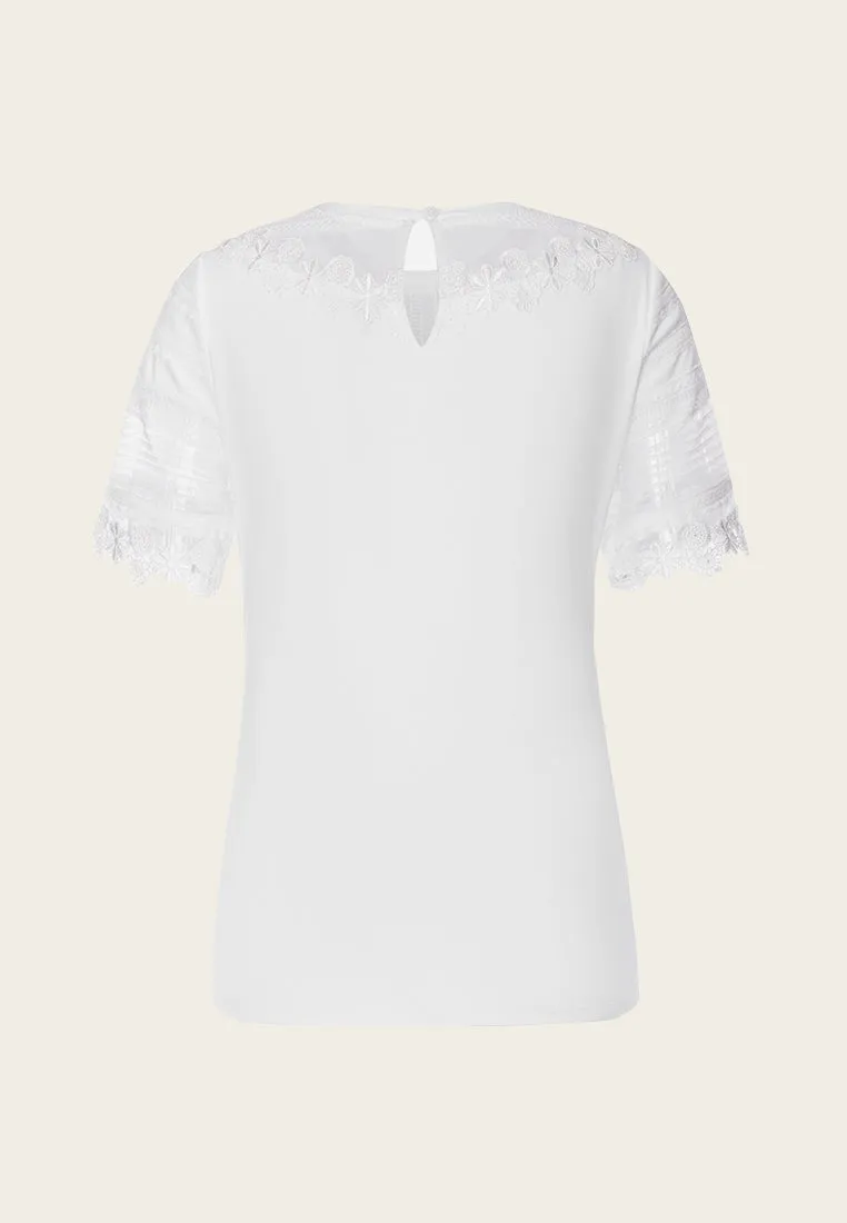 Mesh Mix Lace Detailing White T-shirt