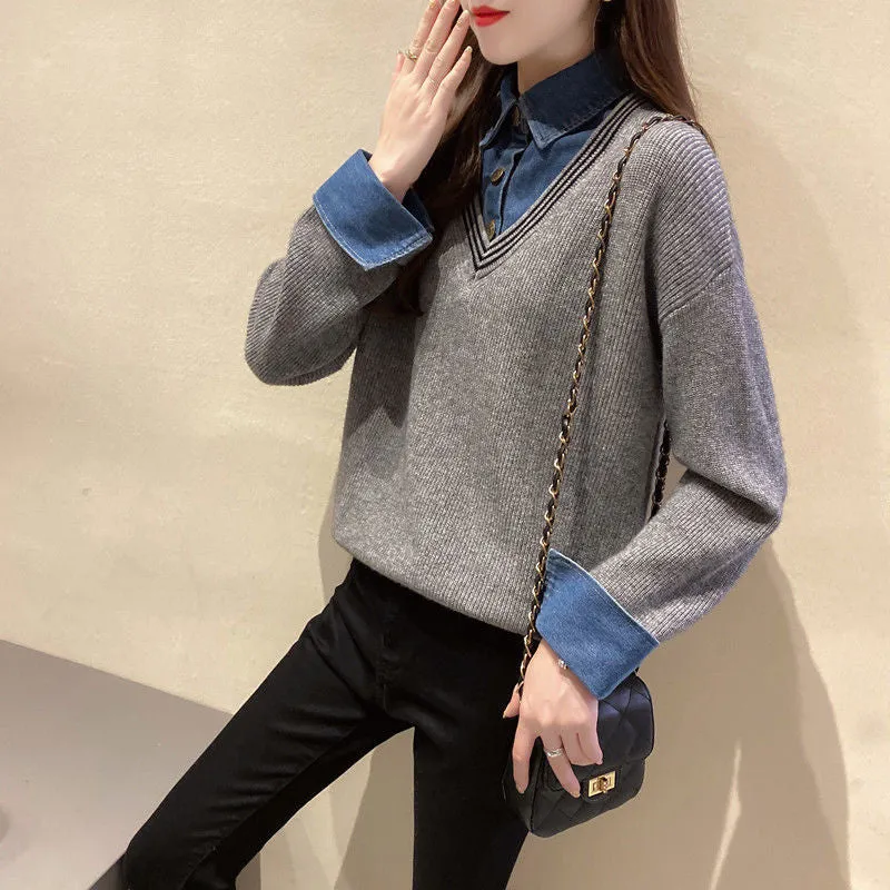 METAVERSMALL Autumn and winter new fake two-piece set design sense splicing knitted sweater New loose pullover denim shirt collar sweater