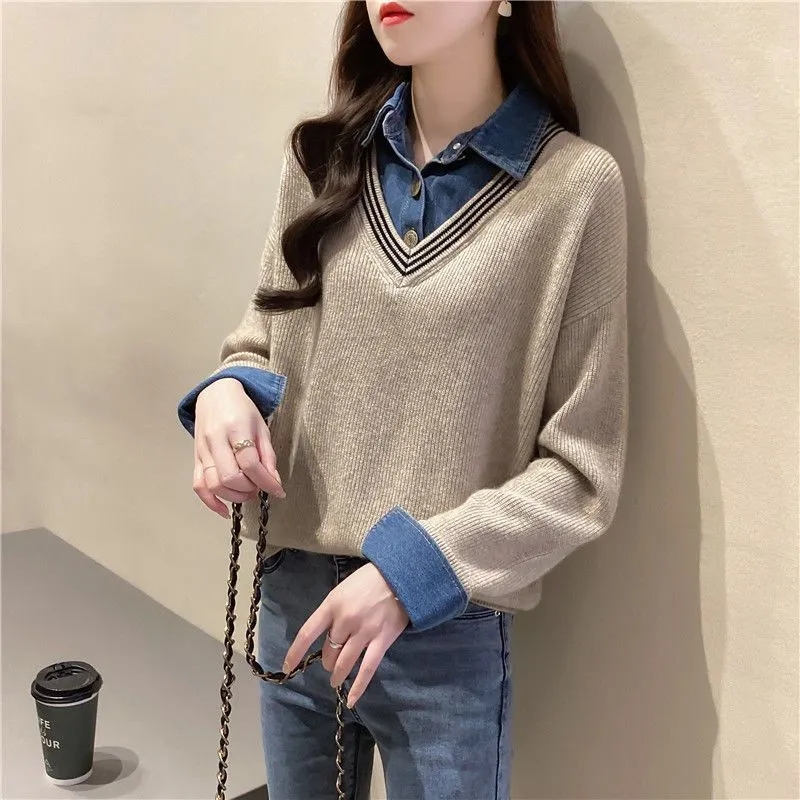 METAVERSMALL Autumn and winter new fake two-piece set design sense splicing knitted sweater New loose pullover denim shirt collar sweater