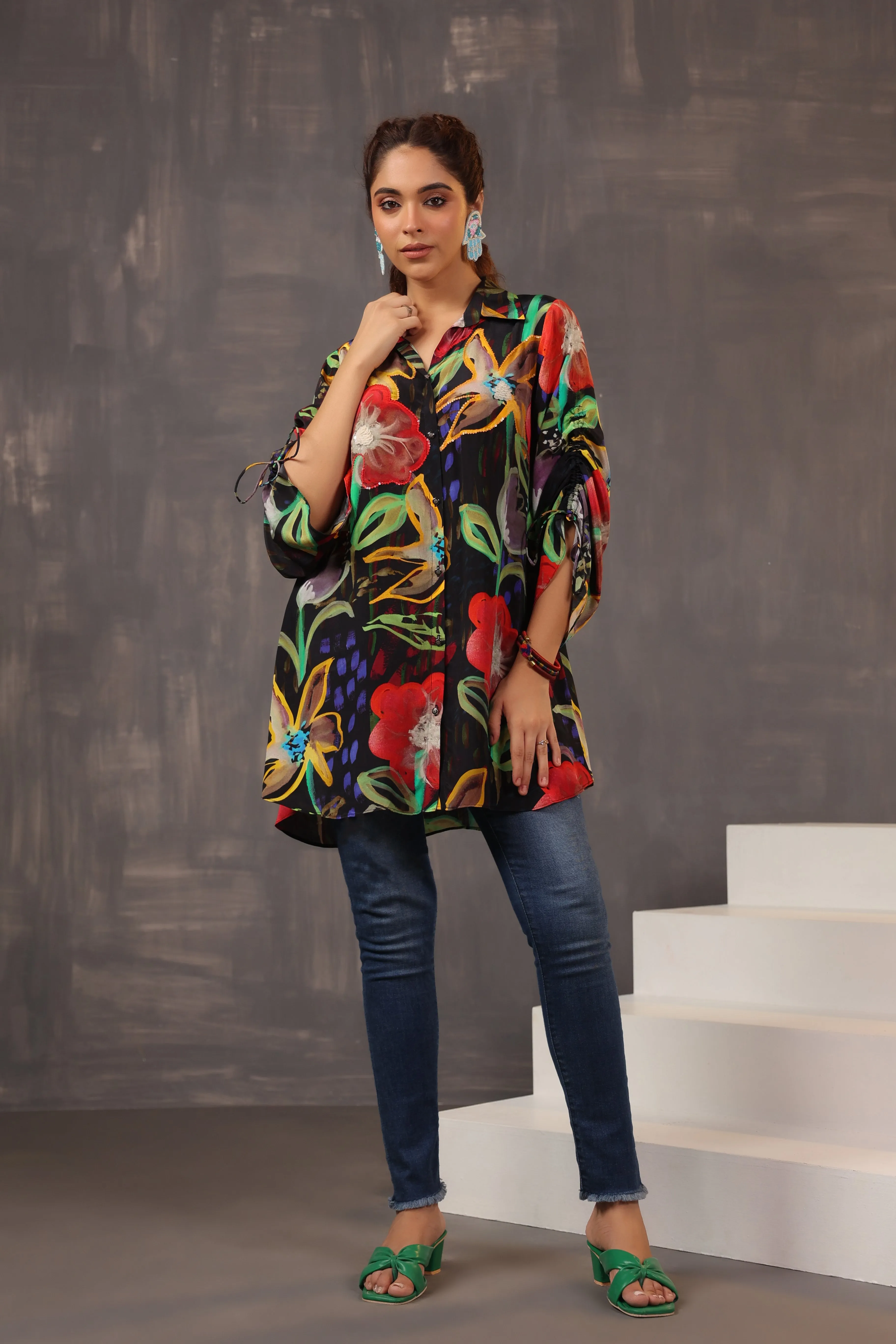 Midnight Black Floral Printed Crepe Silk Shirt