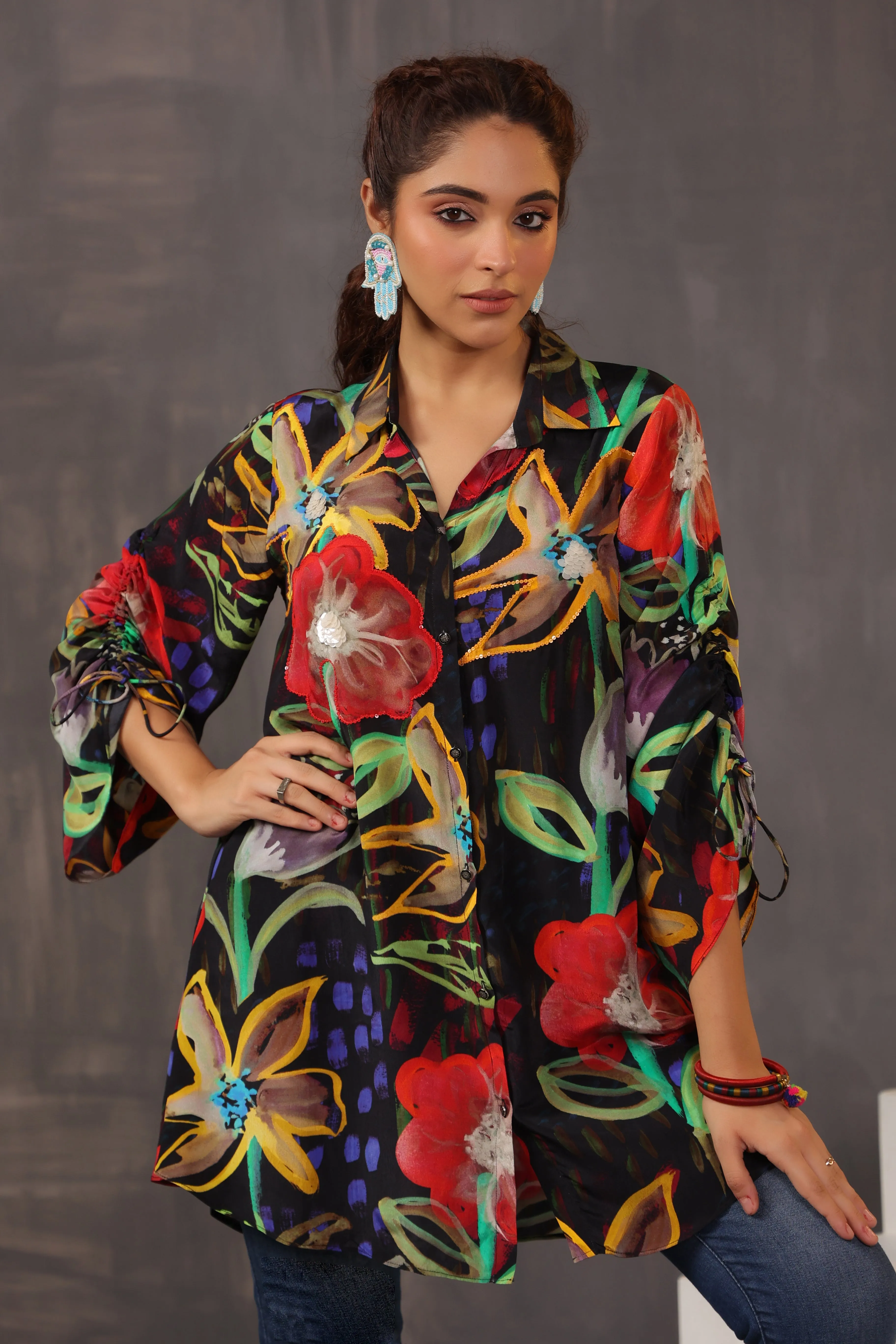 Midnight Black Floral Printed Crepe Silk Shirt