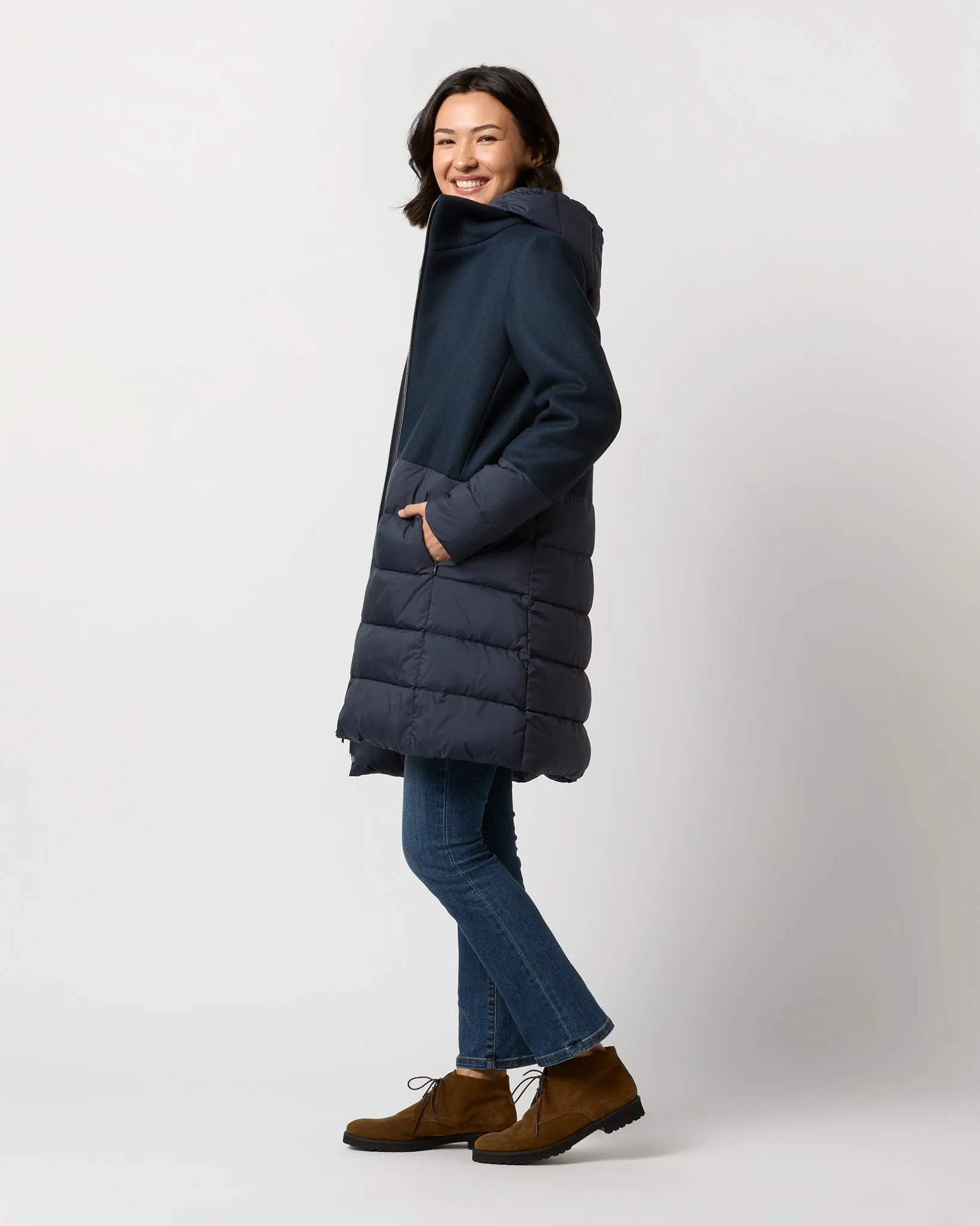 Mixed Media Quilted Coat in Navy