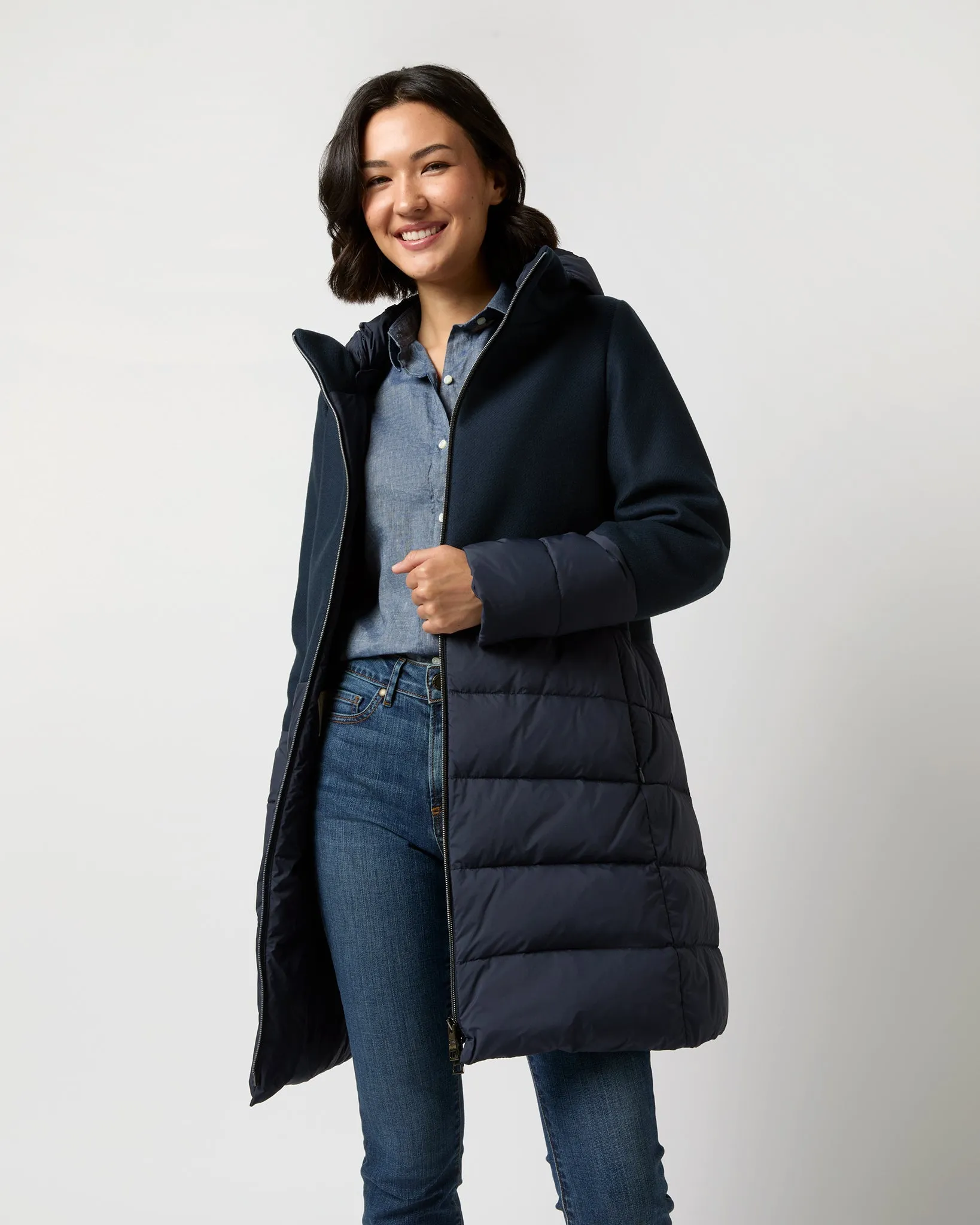 Mixed Media Quilted Coat in Navy