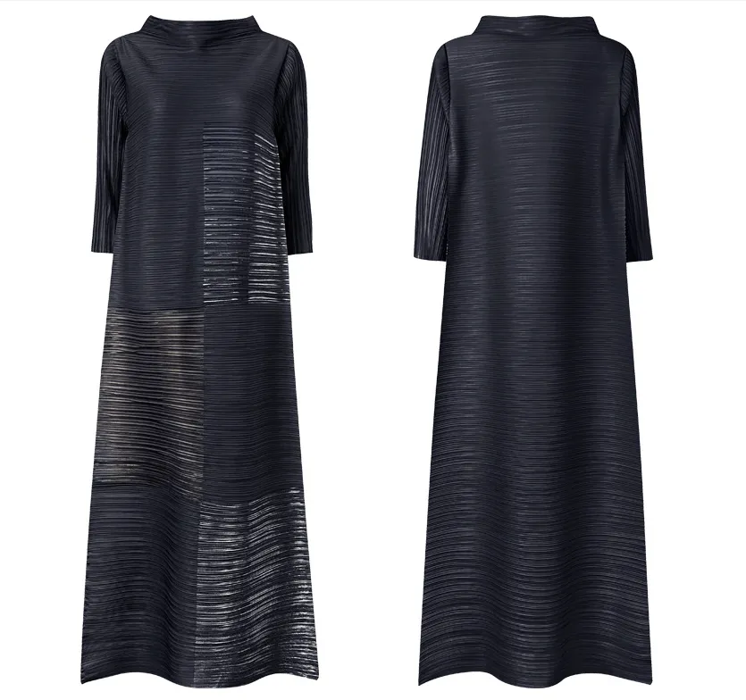 Miyake Pleated Turtleneck Maxi Dress