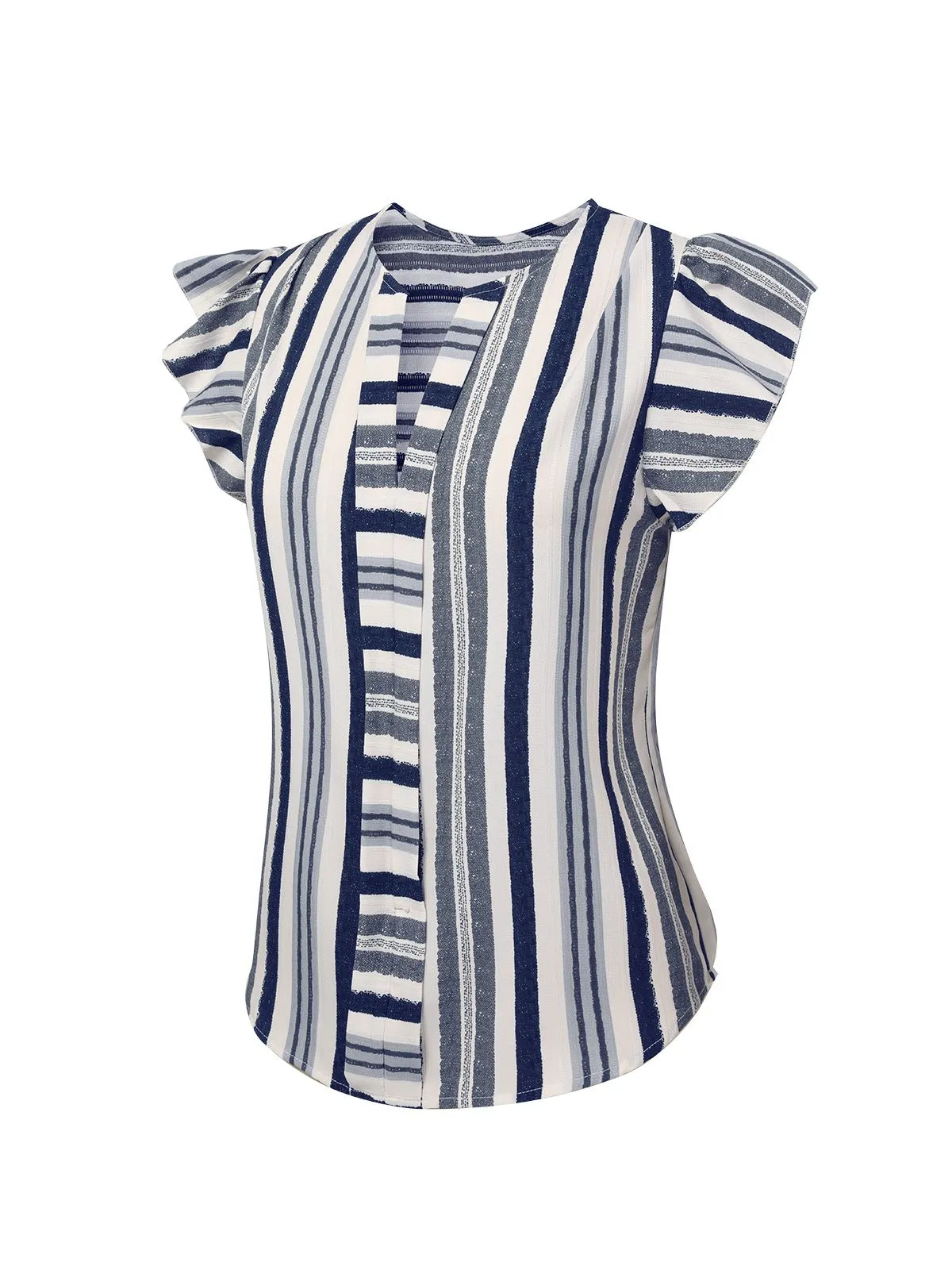 Multicolor 1940s Striped Ruffles V-Neck Cap Blouse