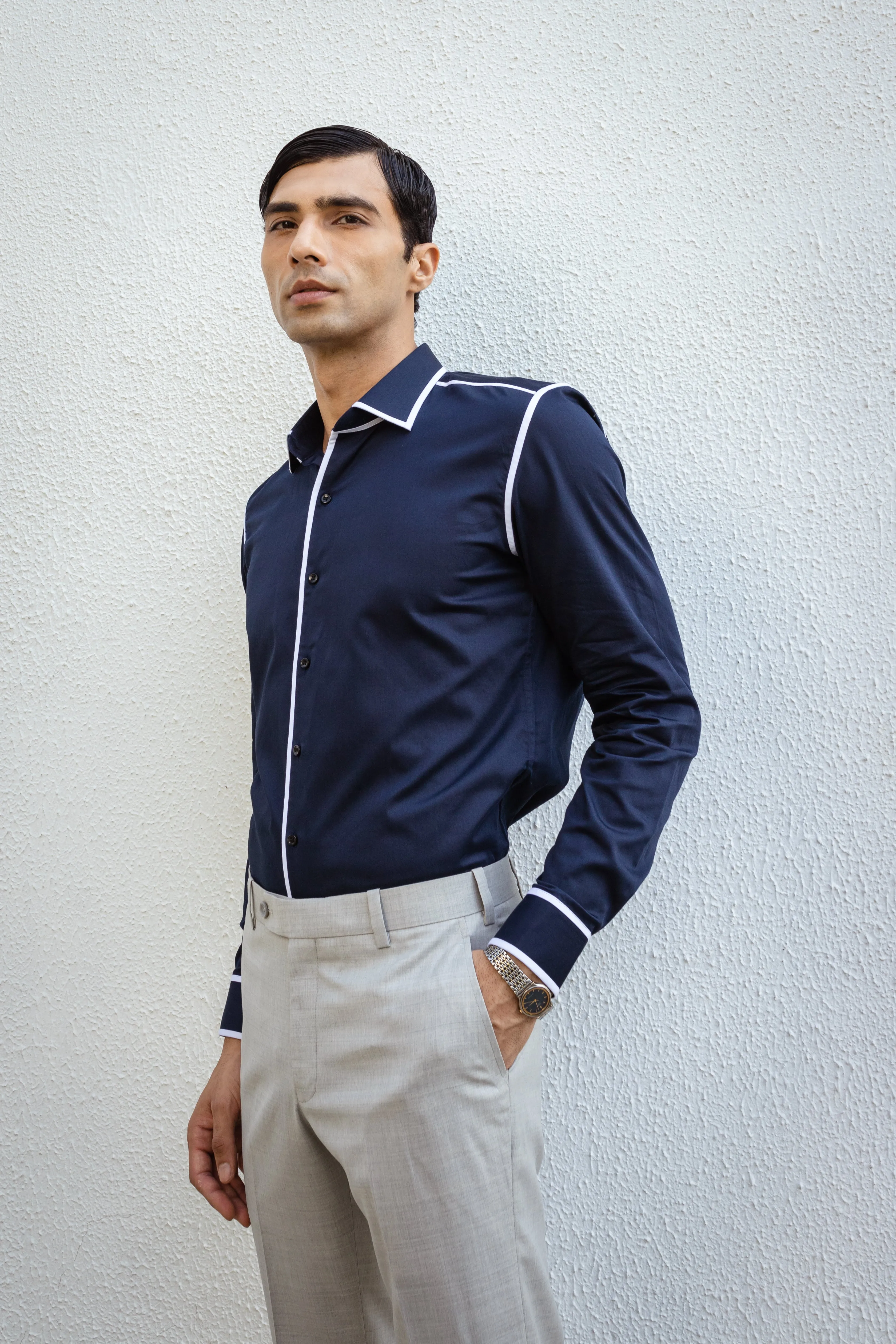 Navy Blue Shirt With White Line Detailing.