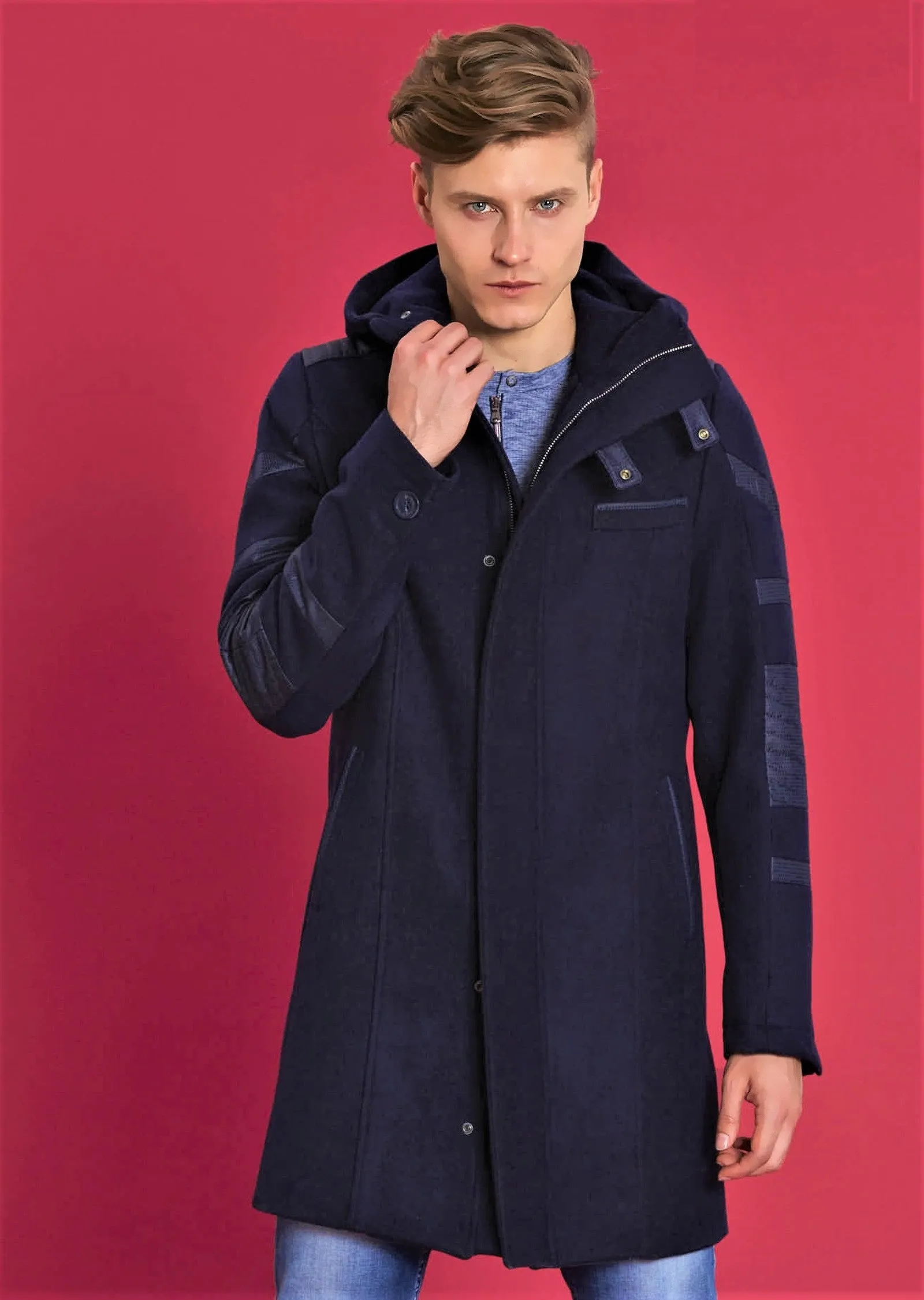 Navy Wool-Cotton Hooded Coat