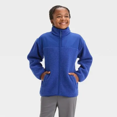 New - Boys' High Pile Cozy Full Zip Sweatshirt - All In Motion Indigo L