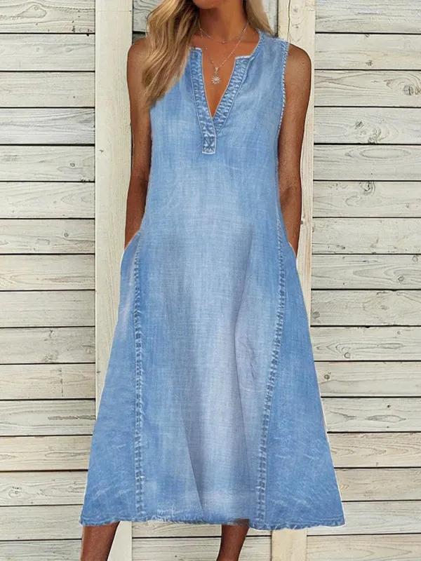 New solid color sleeveless V-neck loose casual denim dress