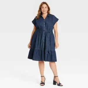 New - Women's Short Sleeve Denim Tiered Midi A-Line Dress - Ava & Viv