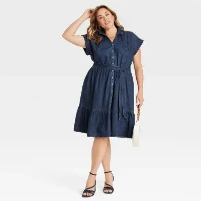 New - Women's Short Sleeve Denim Tiered Midi A-Line Dress - Ava & Viv