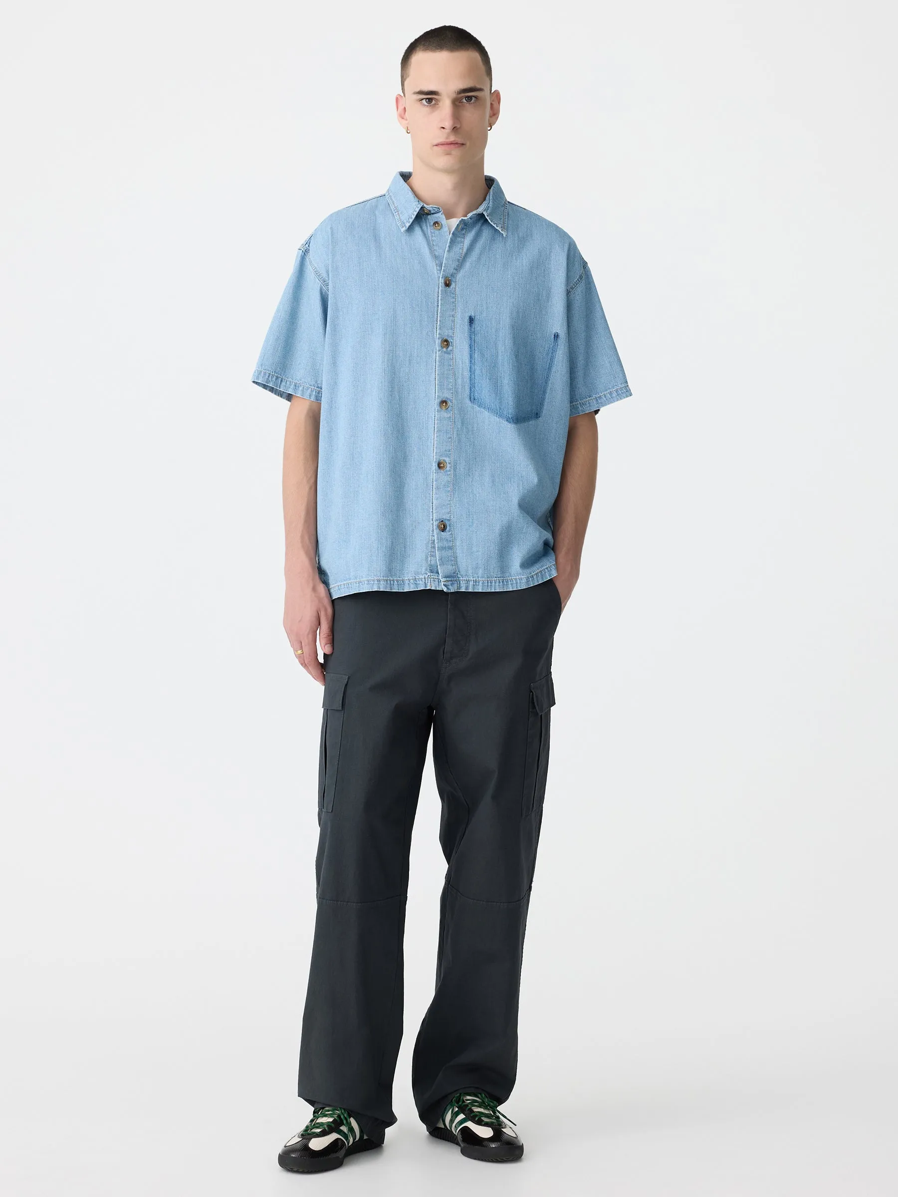 organic denim boxy short sleeve shirt