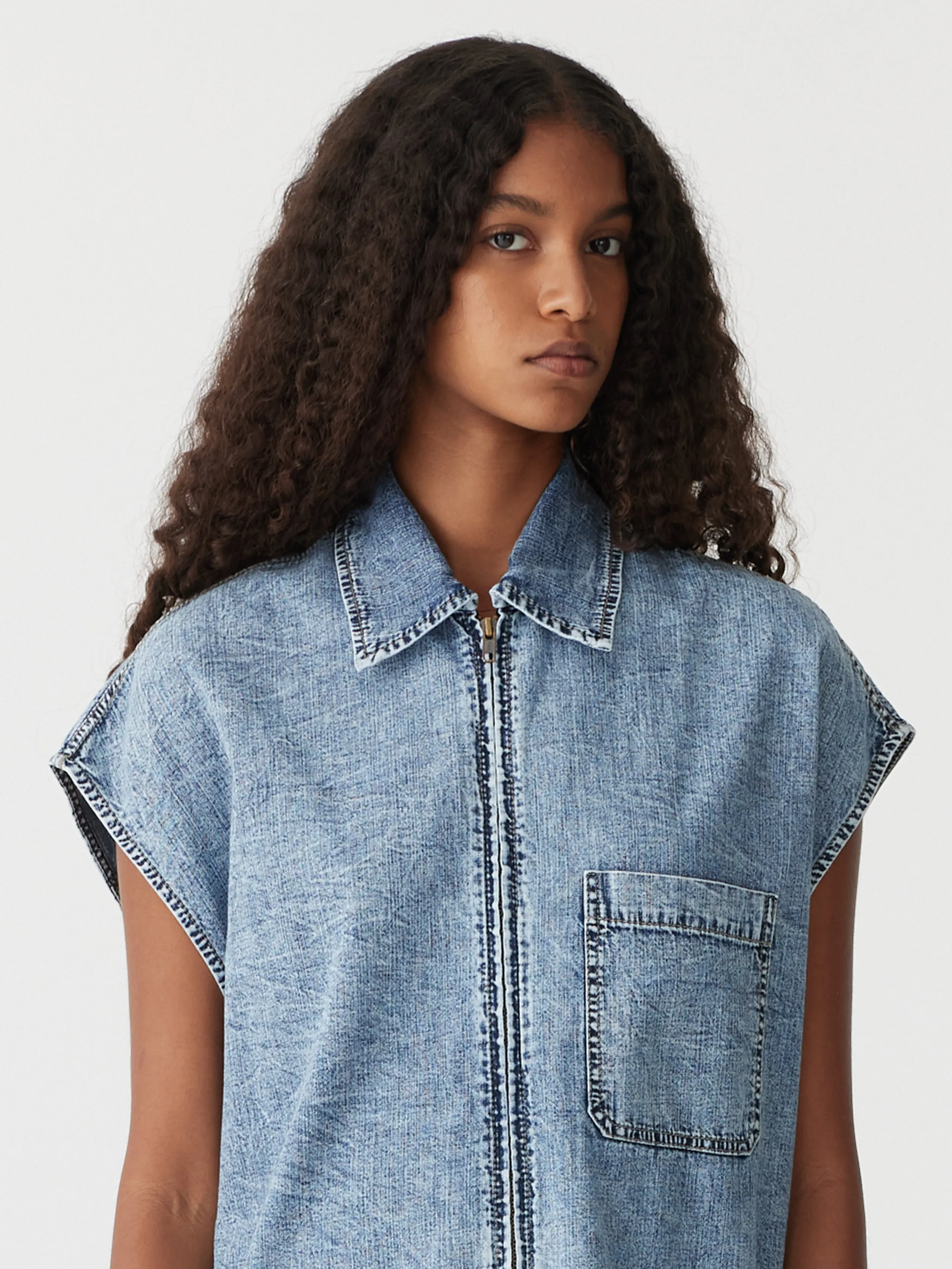 organic denim zip front dress