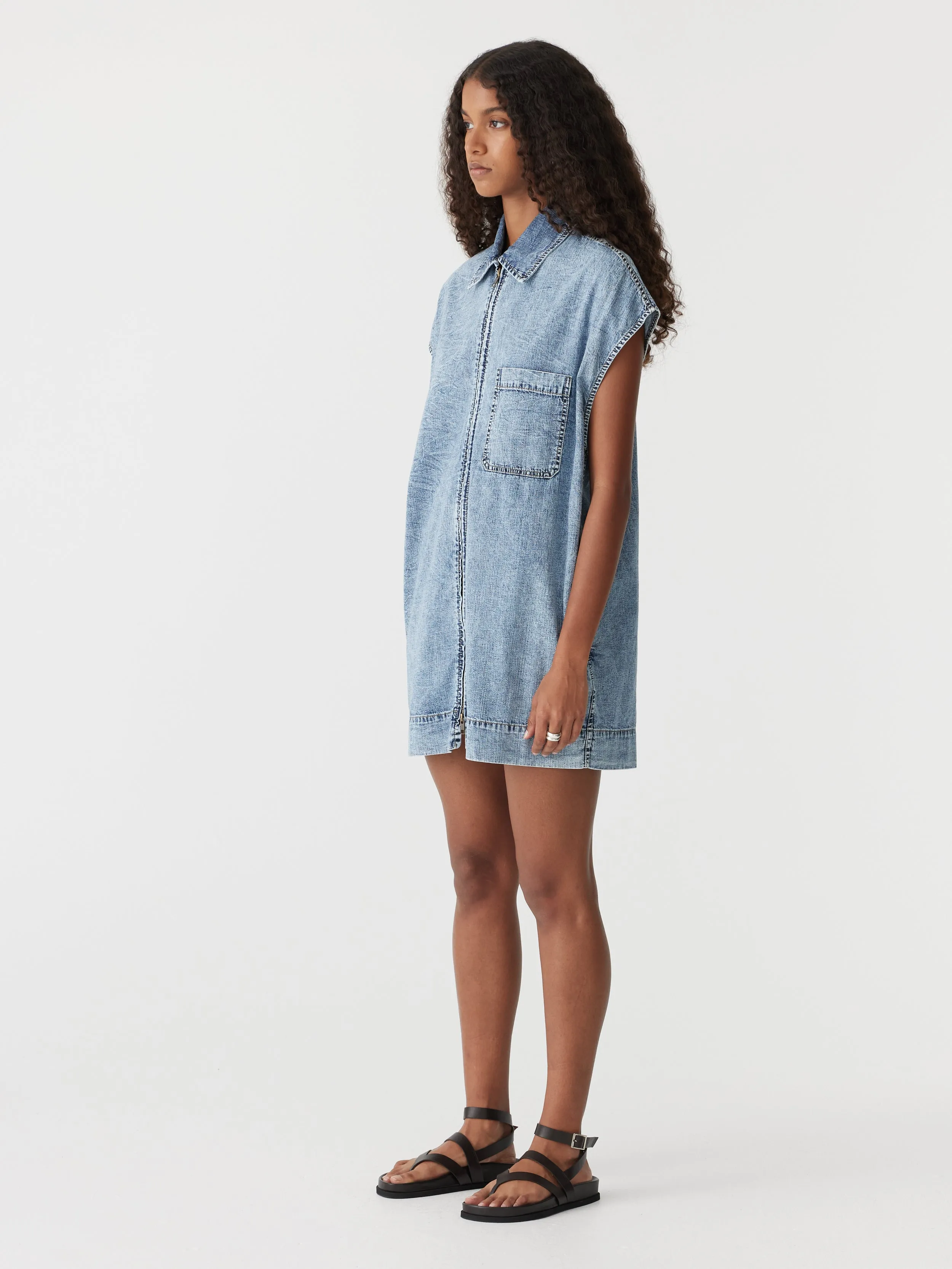 organic denim zip front dress