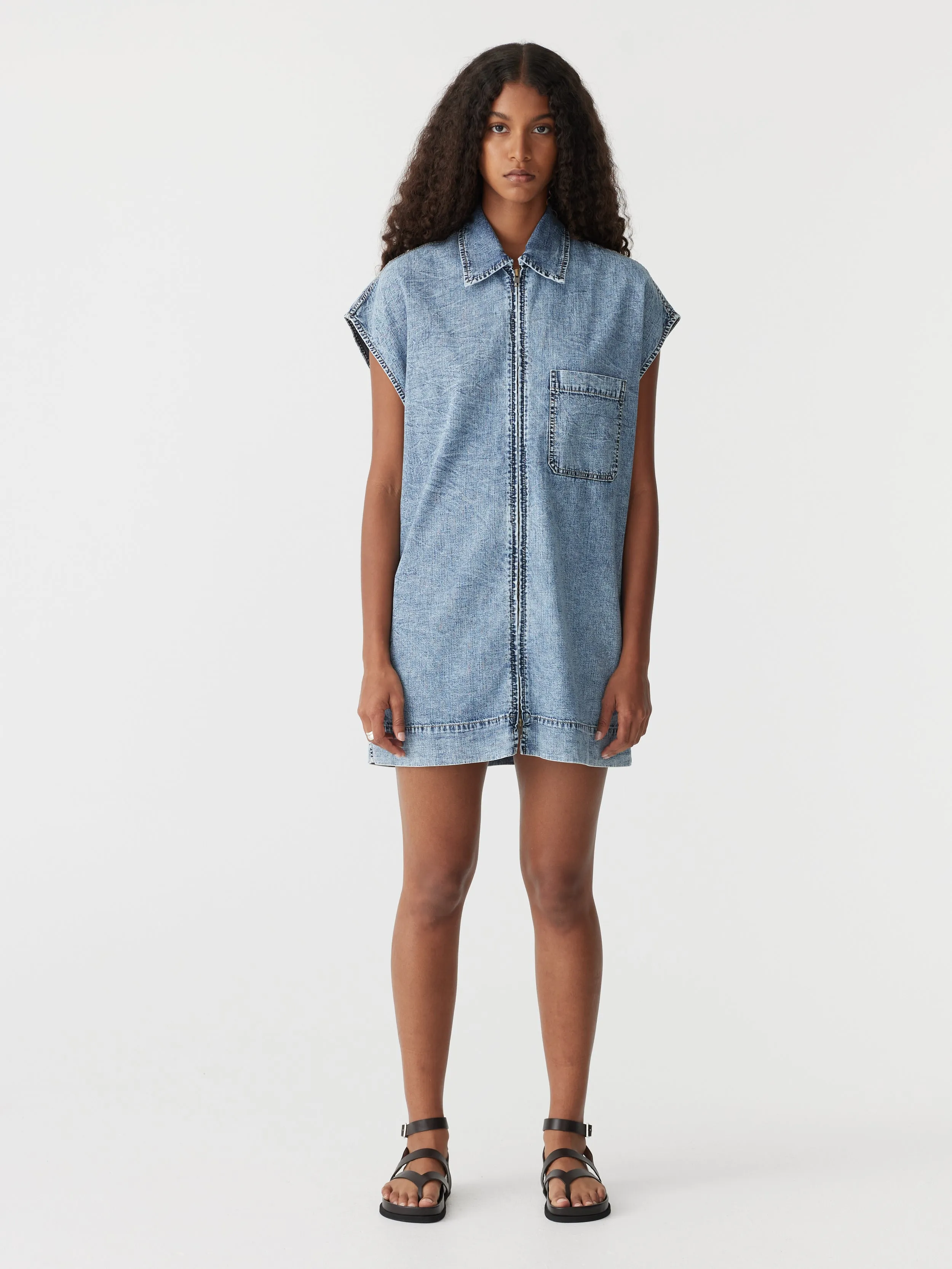 organic denim zip front dress