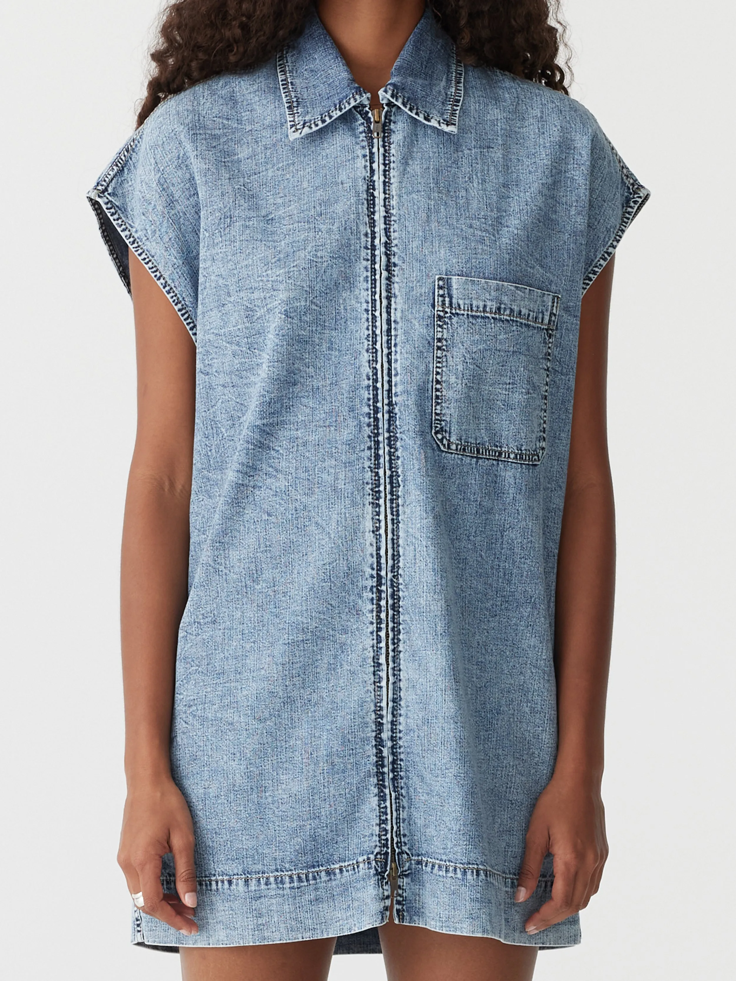 organic denim zip front dress