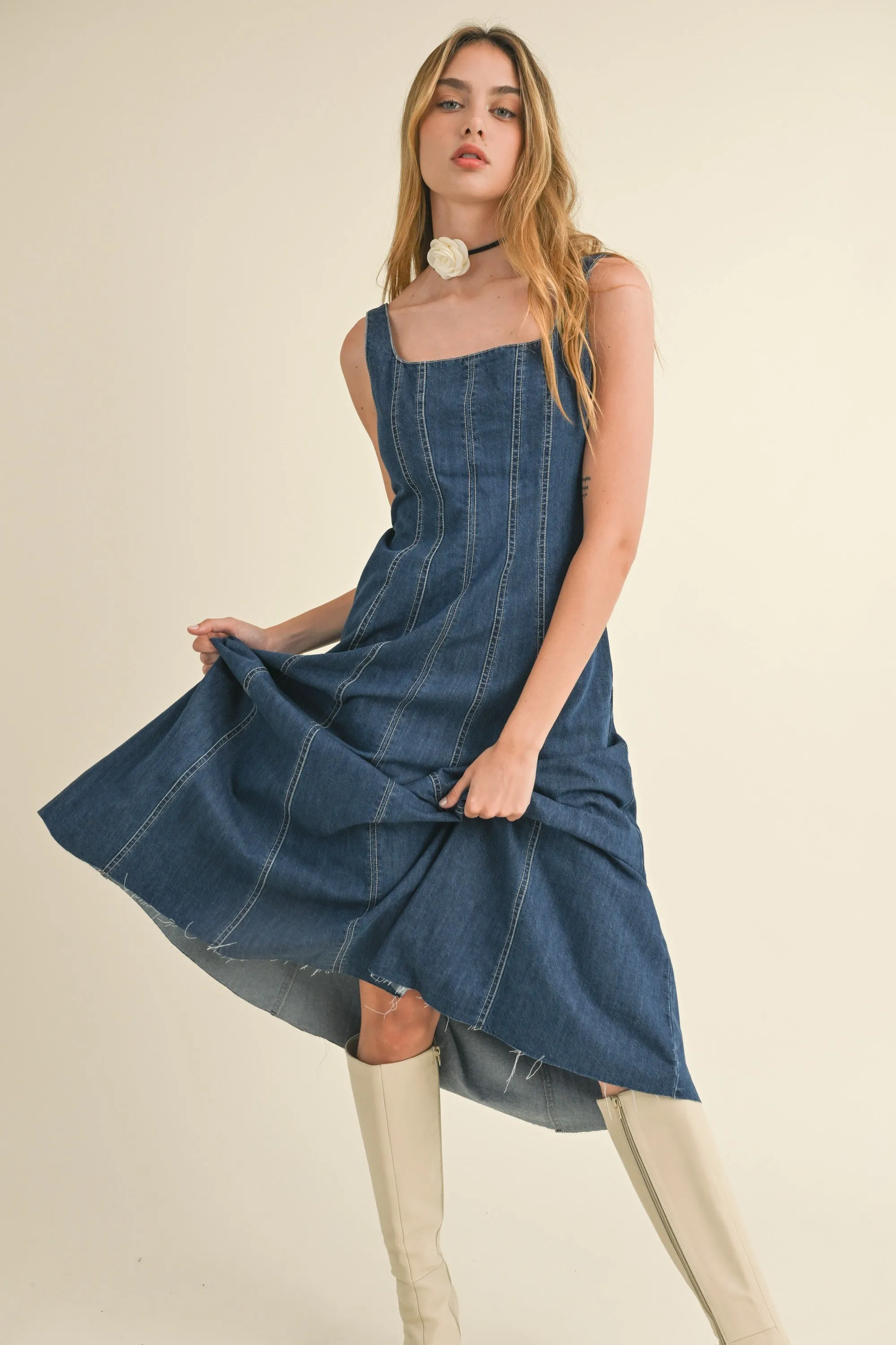 PANELED DENIM LONG DRESS