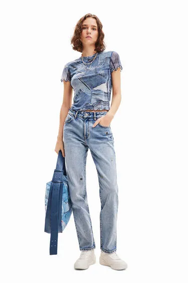 Patchwork Denim mesh  Top