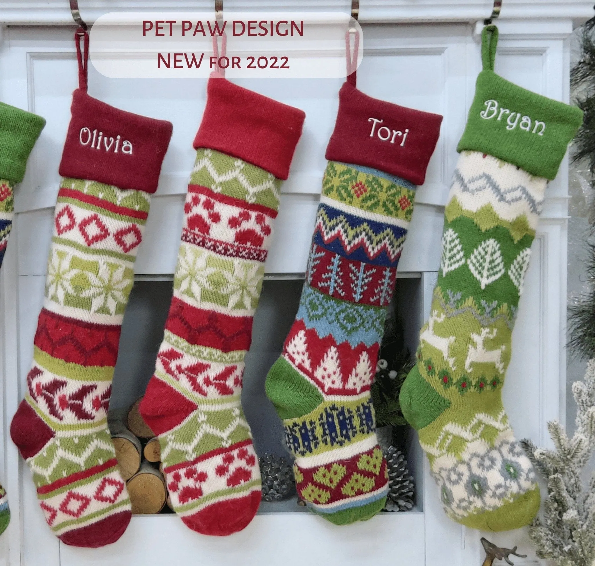 Personalized Knitted Christmas Stockings Red Green White