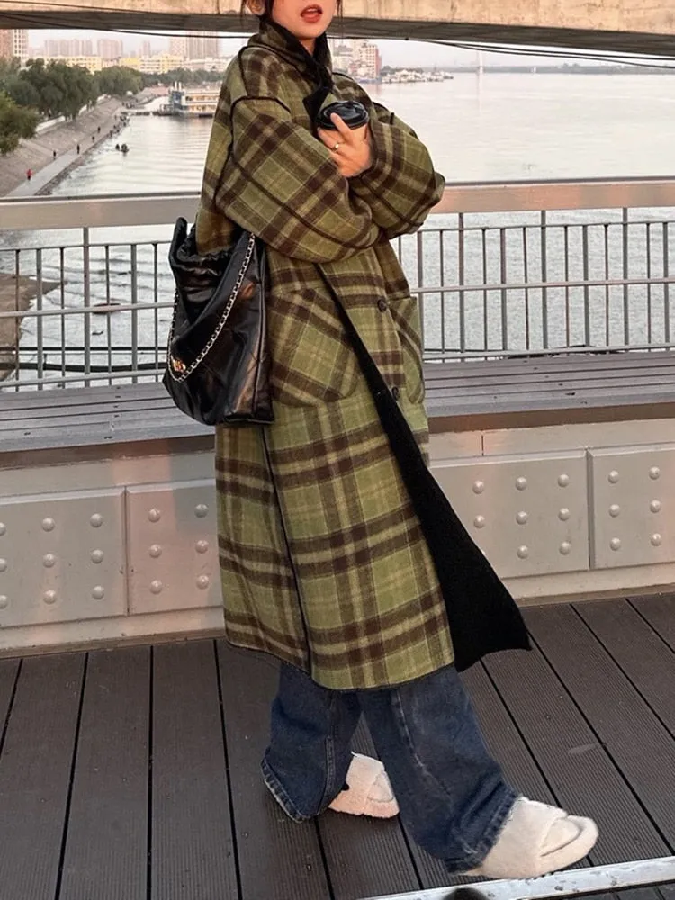 Plaid Winter Thick Two Wear Wool Coat For Women Lapel Long Sleeve Double Breasted Vintage Coats Female Clothing