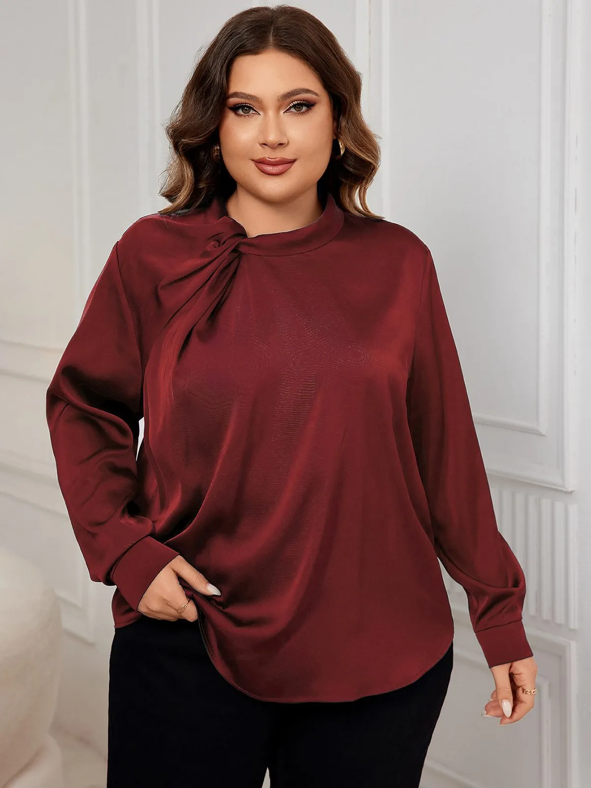 [Plus Size] 1950s Solid Twist Satin Blouse