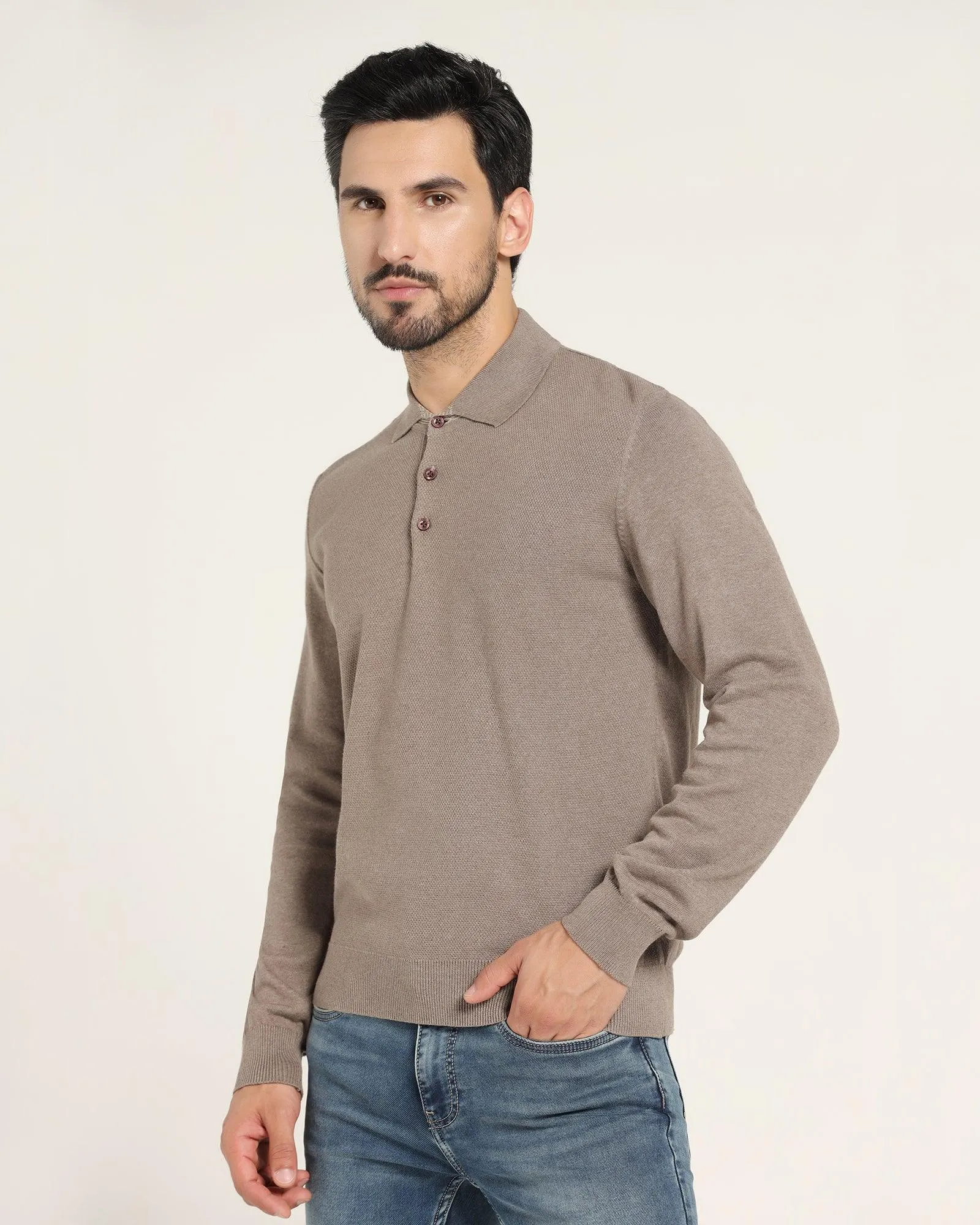 Polo Neck Brown Solid Sweater - Jill