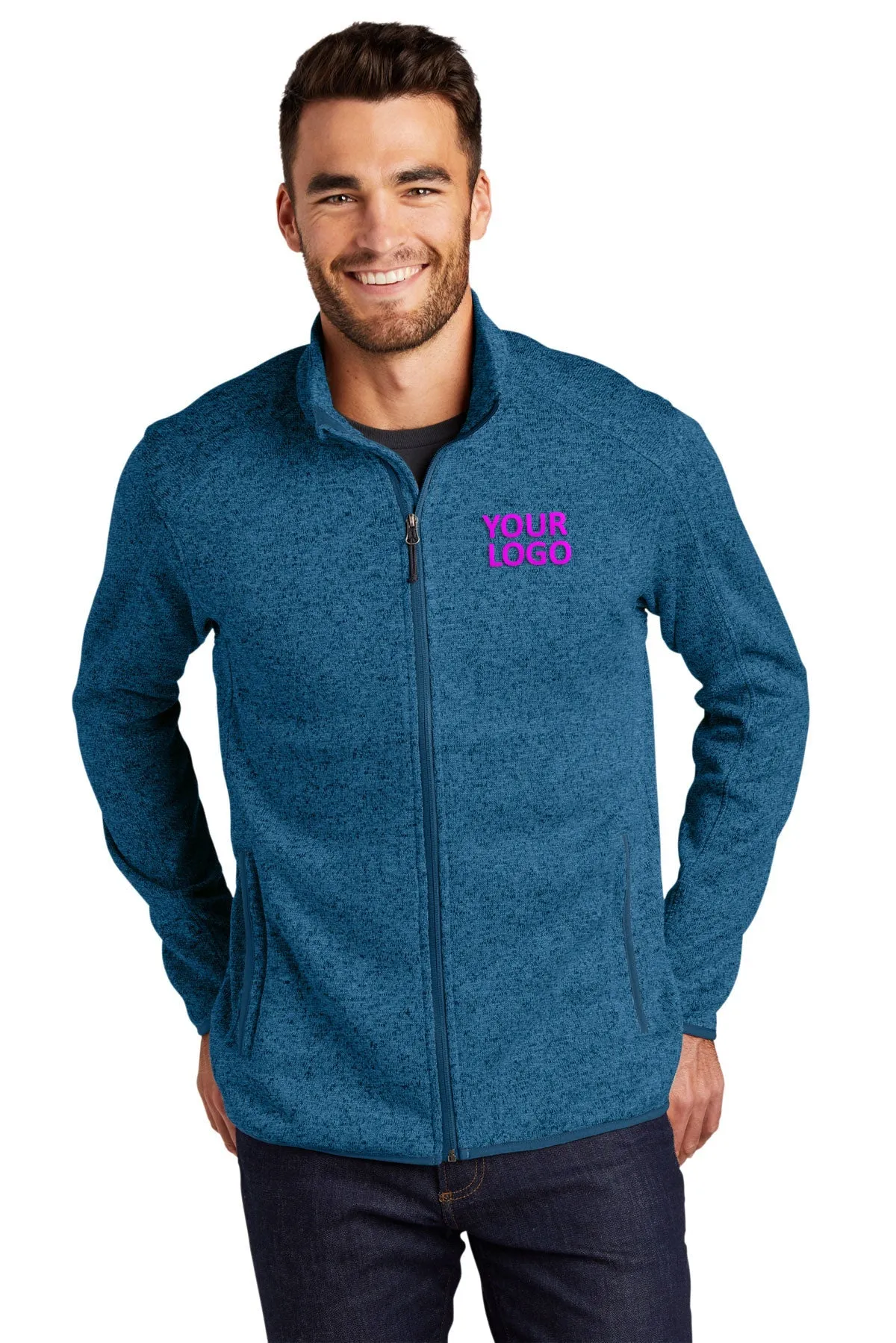 Port Authority Sweater Fleece Customized Jackets, Medium Blue Heather