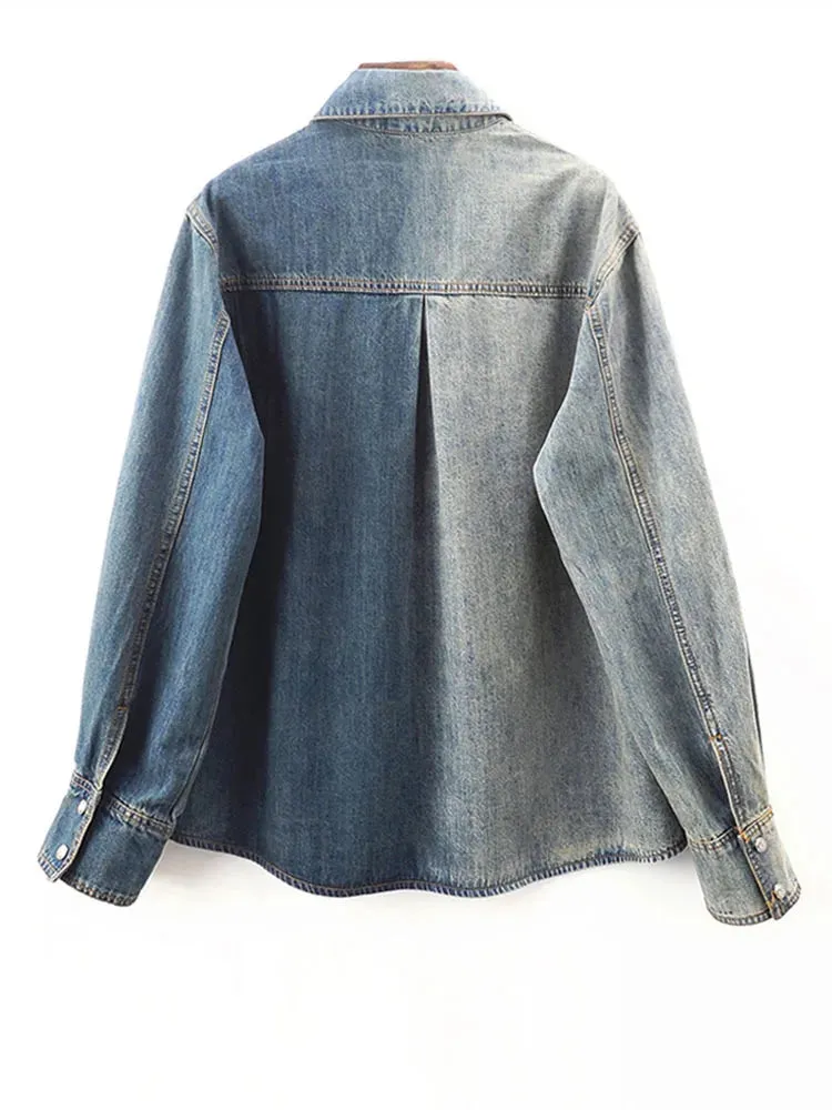 Pre Order:  Casual Color Block Big Size Long Sleeve Denim Shirt