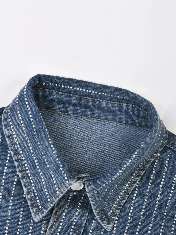 Pre Order:  Denim Rhinestones Long Sleeved Loose Shirt