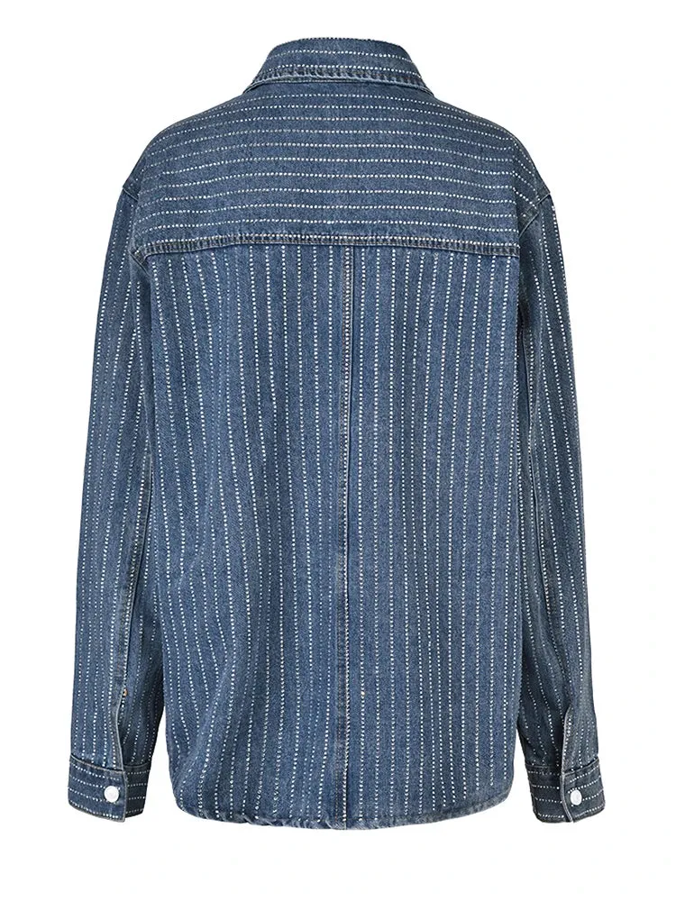 Pre Order:  Denim Rhinestones Long Sleeved Loose Shirt