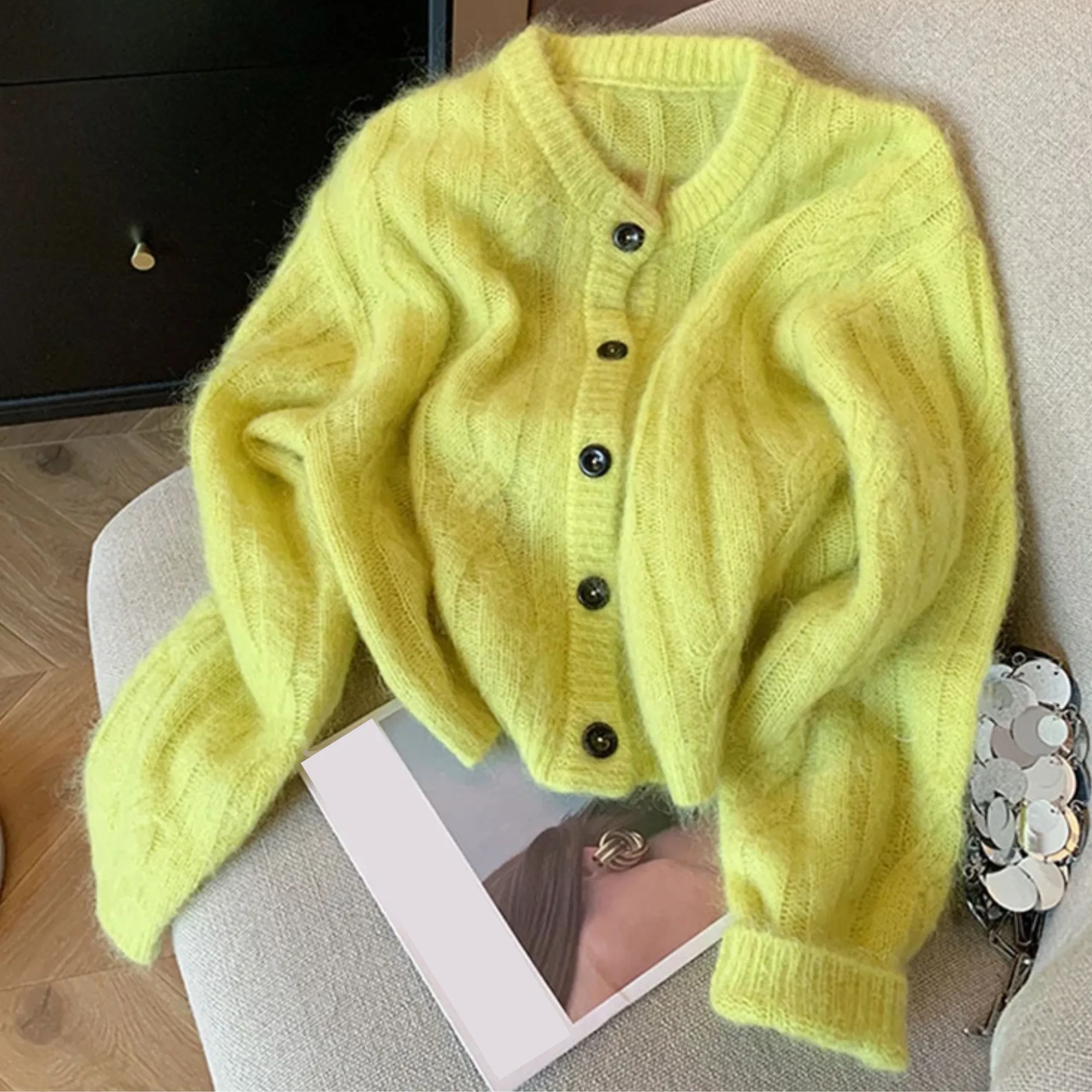 Pre Order:  Green Knitted V-Neck Cardigans Top