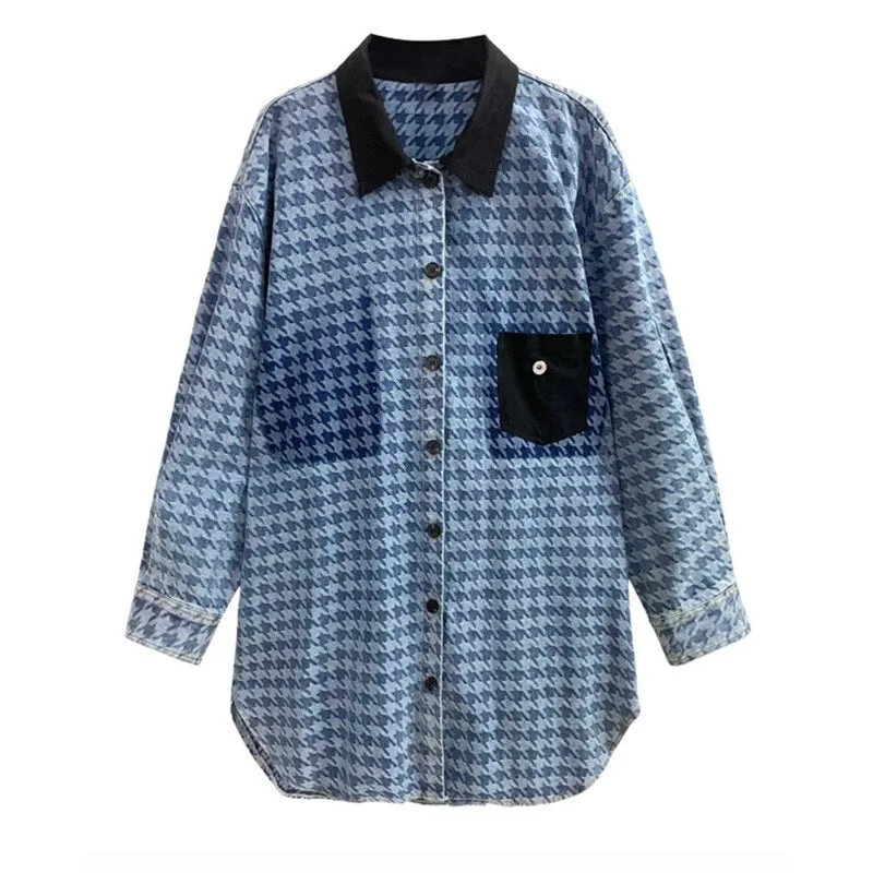 Pre Order:  Loose Plaid Long Sleeve Denim Shirt