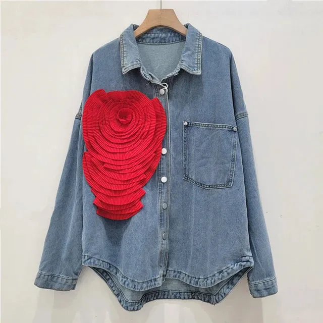 Pre Order:  Pleated Flower Casual Denim Shirt