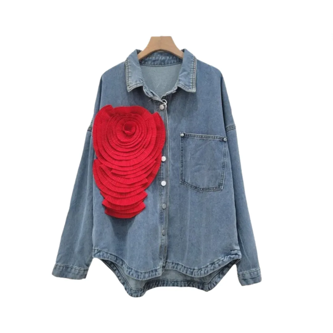 Pre Order:  Pleated Flower Casual Denim Shirt